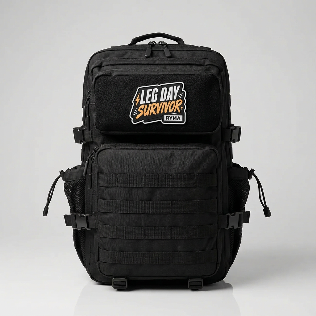 Patch Velcro RYMA Leg Day Survivor fixé sur un sac