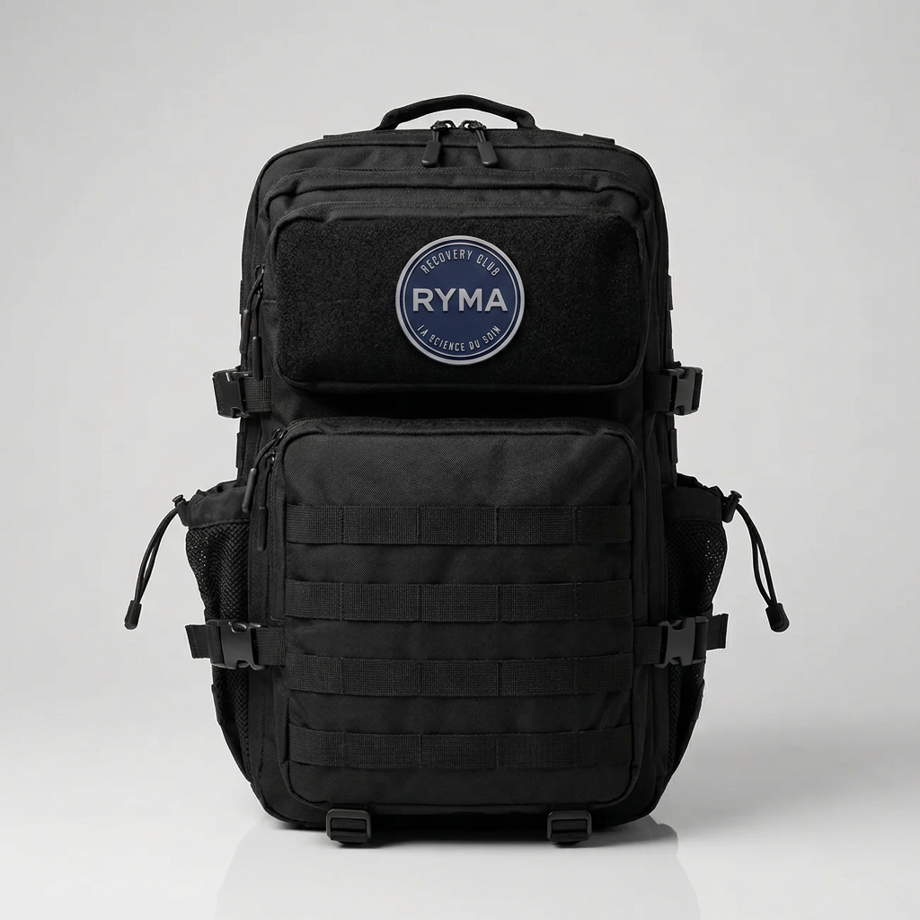 Patch Velcro RYMA Recovery Club rond fixé sur un sac