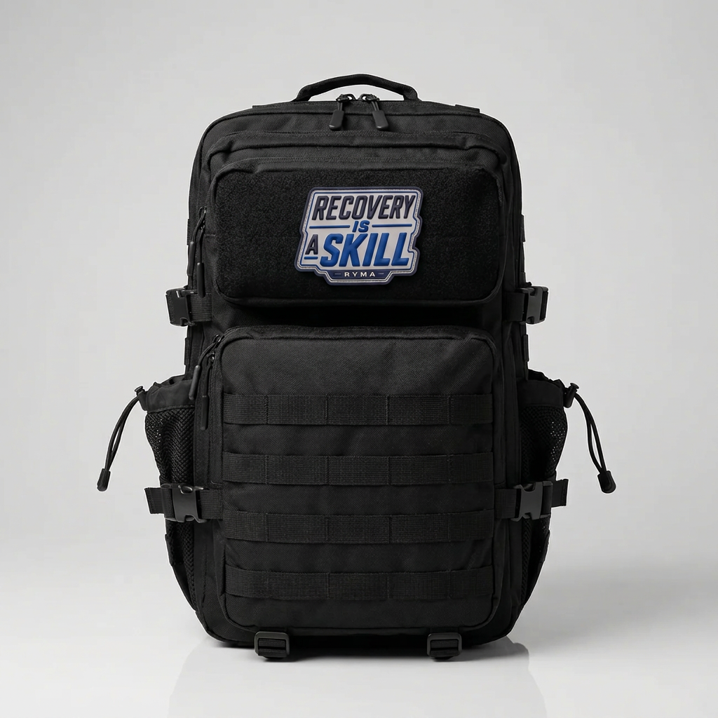 Patch Velcro RYMA Recovery Is a Skill fixé sur un sac