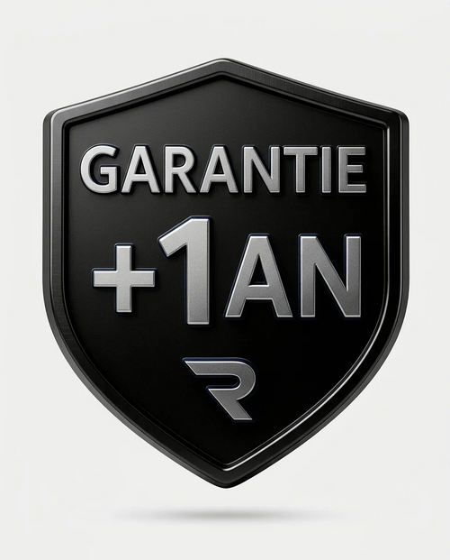 Écusson noir RYMA « Garantie +1 an » illustrant l'extension de garantie pressothérapie RYMA.