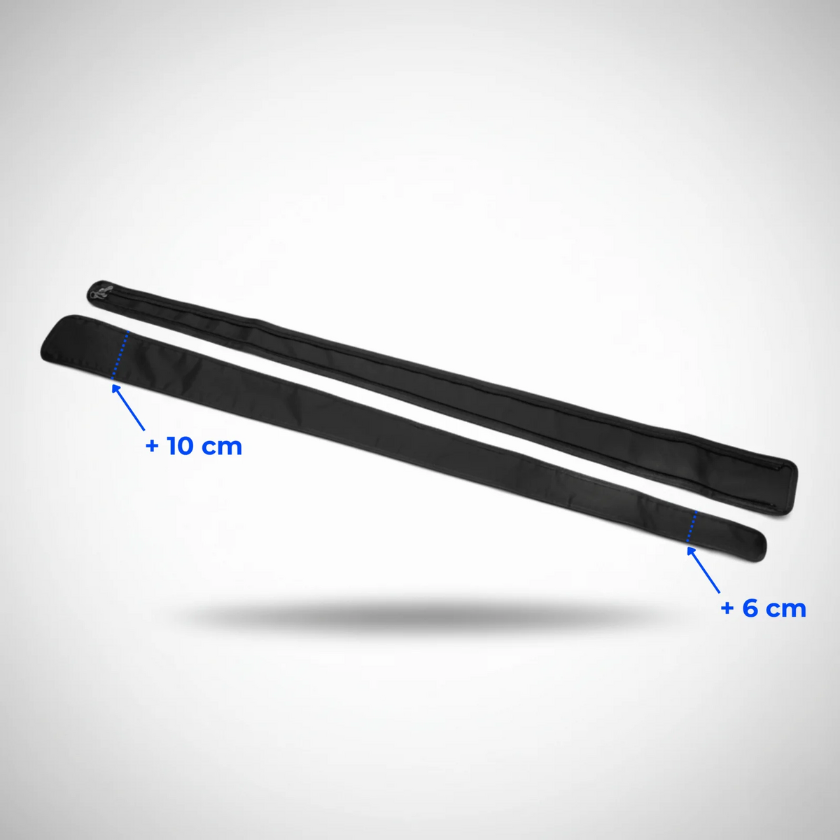 Deux extensions élargisseurs RYMA pour bottes de pressothérapie 8 chambres, gains de +10 cm et +6 cm indiqués.