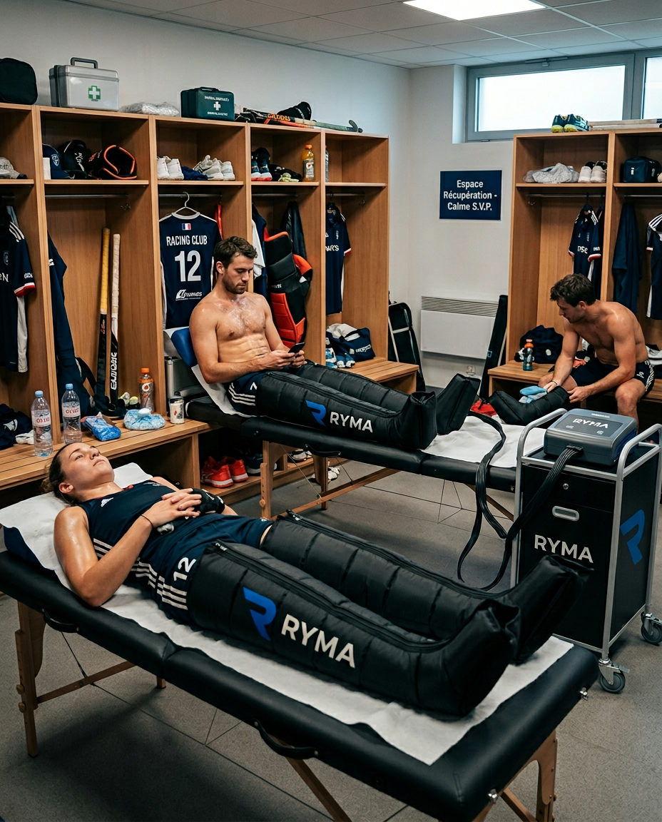 Séance de récupération collective en vestiaire : sportifs sur tables de massage équipés de bottes RYMA
