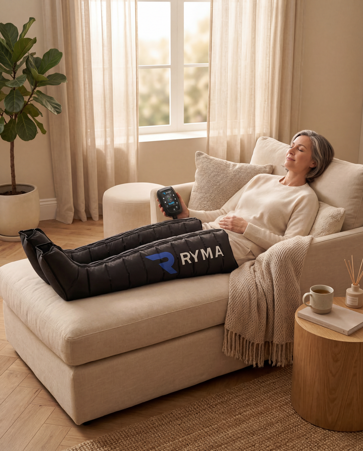 Personne senior installée dans un fauteuil de salon pendant une séance de pressothérapie RYMA